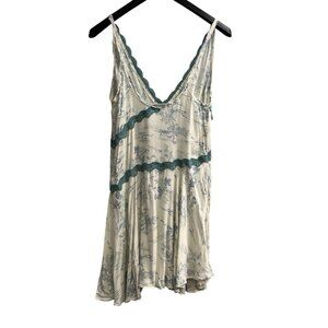 Free People Slip My Mind Y2K Dress Women M Ivory Blue Printed Lace Trim Trapeze